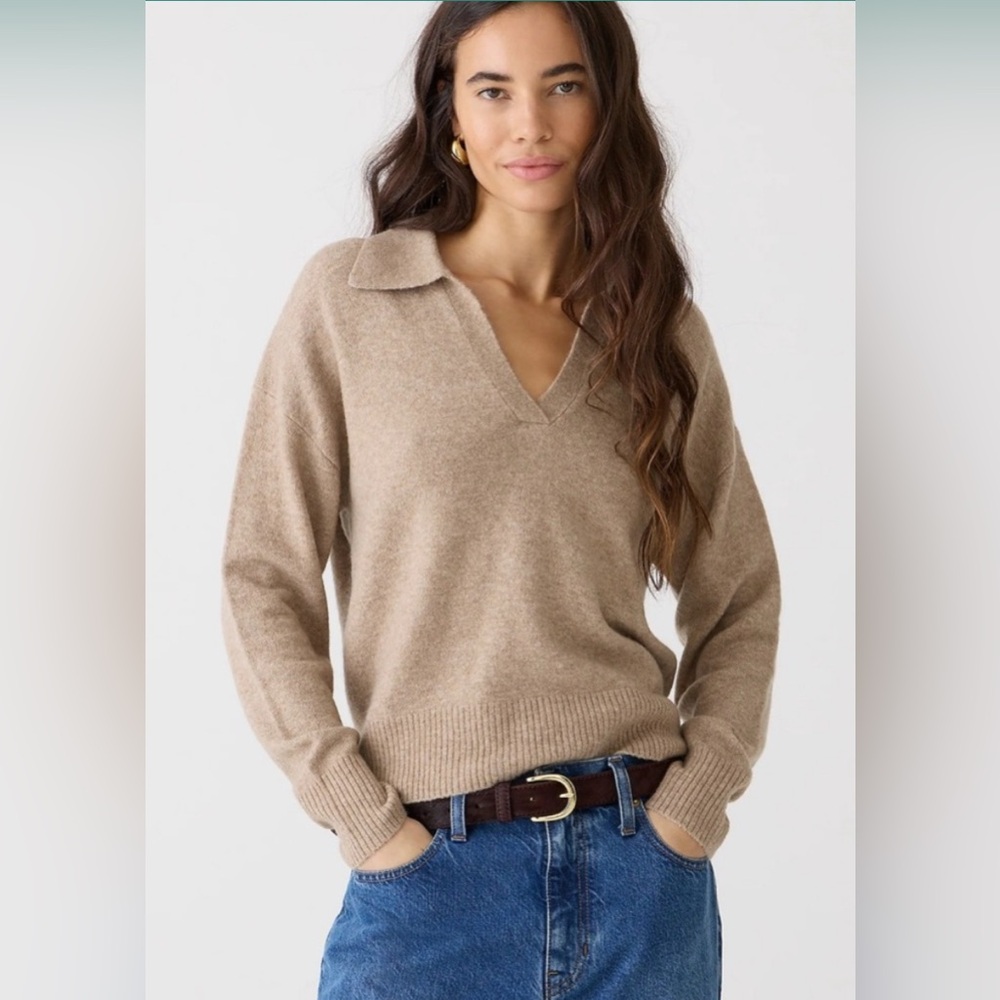 J. Crew Polo Knit Sweater Extra Soft Yarn Sz M in Tan Collared Office Minimalism